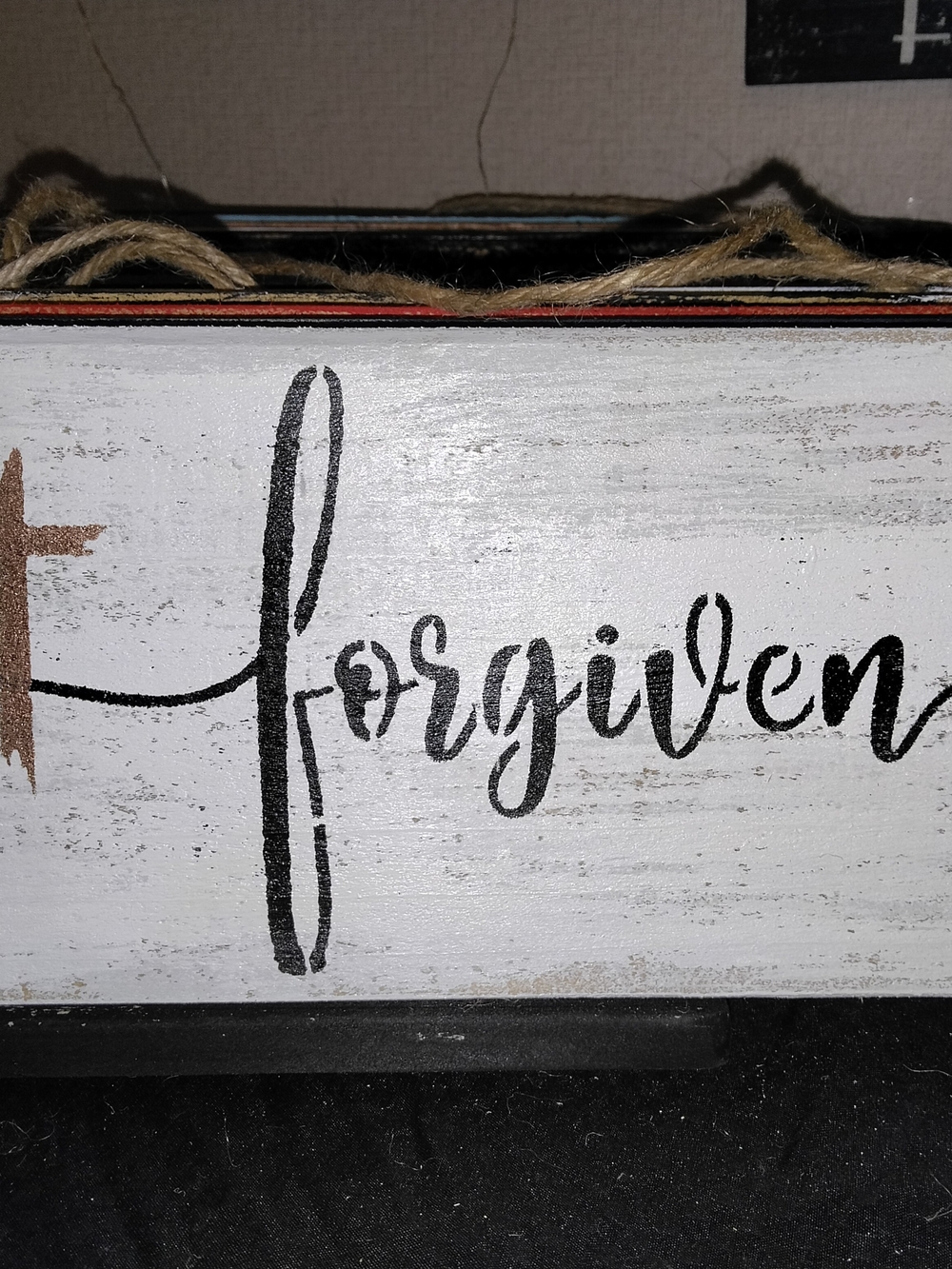 Rustic Handmade Wood Sign “Forgiven” Cross White/Black/Rose Gold Distressed 12"